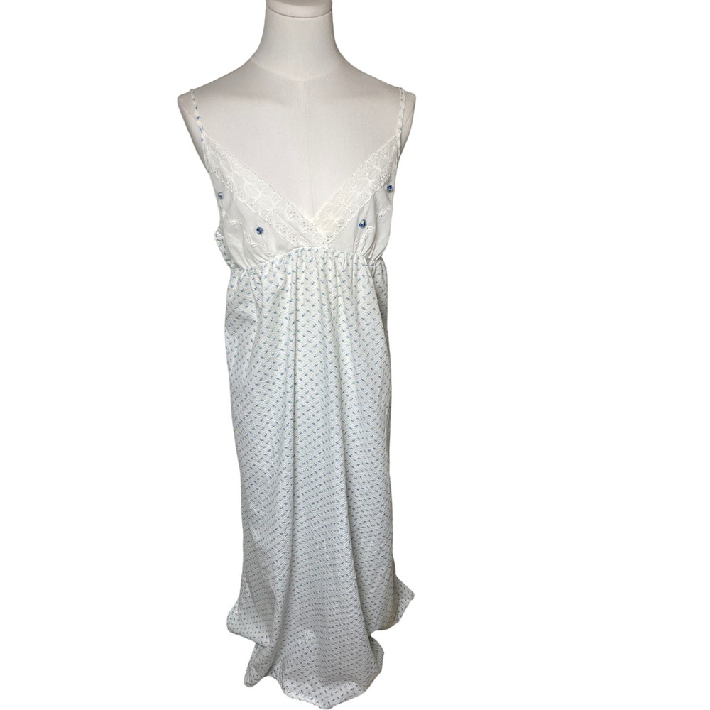 Kittens by Katz Floral Lace Empire Waist Maxi Nightgown White Blue Vintage