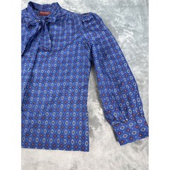 Ragazza Vtg 80s Blue Geometric Diamond Bow Tie Neck Button Up Secretary Blouse