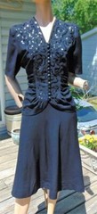 VTG SWING EARLY 40S BLACK RAYON SEQUIN TOP & SKIRT SET 32W PUFF SLEEVES