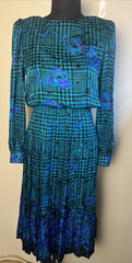 Adrianna Papell 100% Silk Size 8 Dress Pleated Teal HoundsTooth VTG 80s