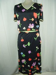 LEONARD PARIS Vtg 70s Black Green Lilac Floral Top & Skirt-Bust 34/Waist 26/XS