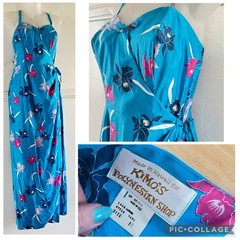 VTG 60’s Kimo’s Polynesian Shop Hawaiian 🌺 Turquoise Maxi Wrap Sarong Dress-14