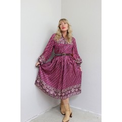 1970’s Vintage Silk Indian Import Full Balloon Sleeve Dress ~ Women’s XS SM MD