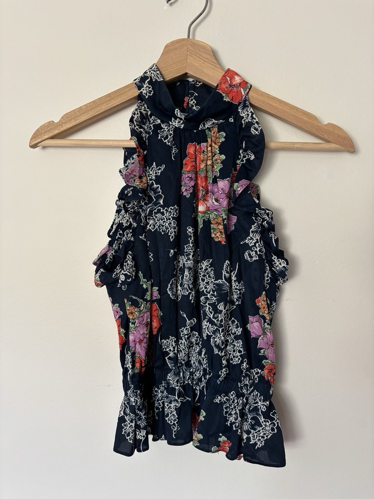 ACT I vintage 60’s/70s Floral Ruffle High Neck Sleeveless Blouse S