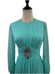 Vtg 70s Teal Blue Chiffon Maxi Dress Beaded Emblishment Sheer Sleeves 26” W
