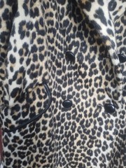 Vtg. 1960’s Sport Town Double Breasted Leopard Faux Fur Coat w/ leather trim ML