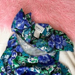 90s Vintage Floral Prairie Midi Dress Blue Green Pleated Skirt USA Made Large 12