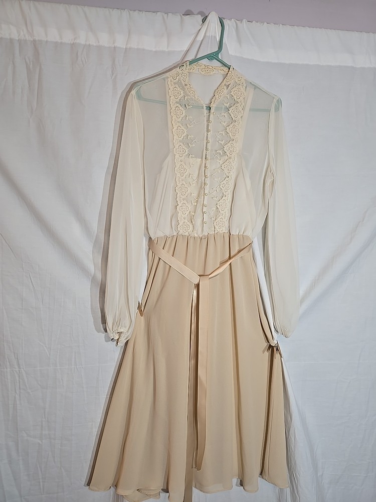 1960s Cream Color Long Sleeve Chiffon Dress Size M (11/12) Argent Fille