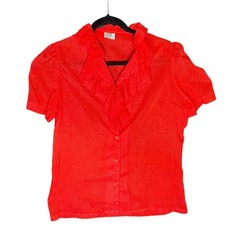 VTG NaMa CA Blouse Sheer M Red Polka Dot Ruffle Pinup Rockabilly Americana Retro