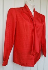 Vintage Satin Jacquard Red Blouse Size 38 Pussy Bow Button Up Rhapsody Glam Rock