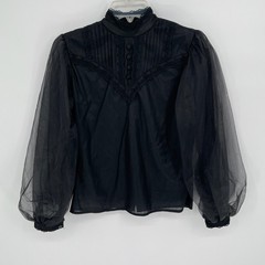 Sybille Claymar Women’s Vintage Black Lace Trim Sheer Puff Sleeve Blouse Size 12
