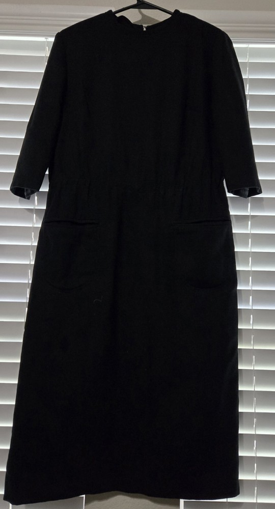 Vintage 1960s Mod Shift Dress Black Heavy Wool Knit ILGWU Union Label Pocket Day