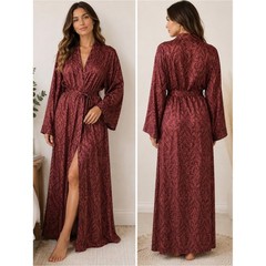 Veena 70% Silk Burgundy Paisley Kimono Robe Long Hostess Dressing Gown L/XL Y2K