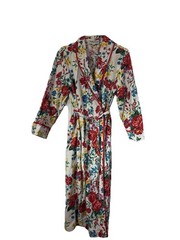 VTG Cotton Bathrobe~Floral~Red Rose Garden~Maxi-Length~Satin Trim Loungewear EUC