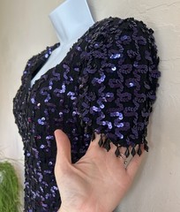 Vintage 80s Faviana Sequin Mini Dress 7 8 Beaded Glam Purple Black Party