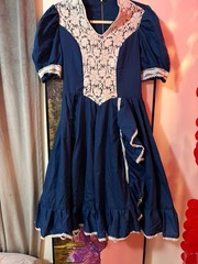 Vintage 1970s/80s Prairie Style Dress in Navy Blue with Cream Lace Overlay