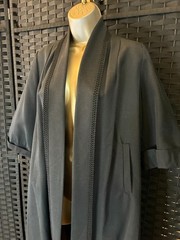 Vintage 60s OPEN FRONT SWING COAT Black Large Soutache Braid Trim 3/4 Sleeve