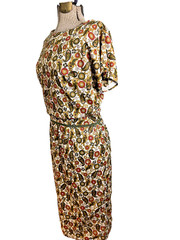1950s silky paisley dress Leslie Fay Original blouson red green Pretty Xs/S