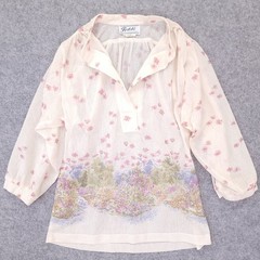 Teddi of California Vintage Floral Border Print Blouse Cream Pink Silk Blend 12
