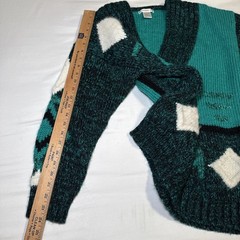 Vtg Susann D Sweater M Teal Ivory Geo Abstract Chunky Knit Wool Angora Blend EUC
