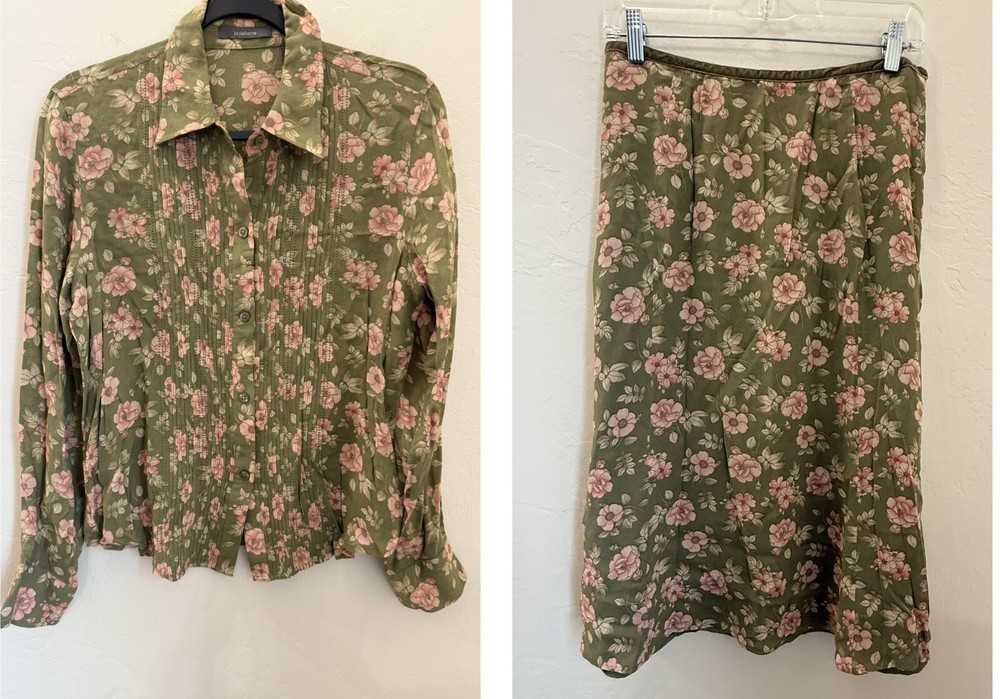 VTG 90’s Matching Floral Skirt & Blouse Size 8/10 Green Pink Flowers Rayon Poly