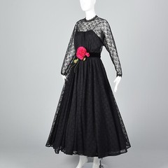 S Vintage 1970s 70s Lilli Diamond Black Lace Illusion Maxi Dress Goth Deadstock