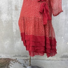 Antique 1920s Red Silk Chiffon Dress Polka Dot Asymmetrical Bow Marjone Vintage