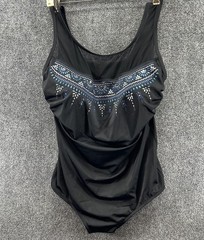 Vtg Longitude One Piece Swimsuit 22W Black Mesh Blue/Silver Beaded Ruched Resort