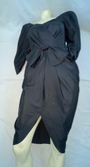 VTG 60S 70S WOMENS S BLACK TAFFETA PROM PARTY COCKTAIL WIGGLE BOW DRESS
