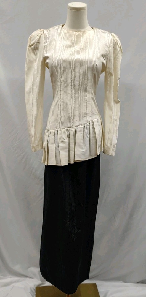 80s Vintage Moire Dress Taffeta Black White Peplum Drop Waist Maxi Button Back S