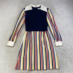 Vintage Gay Gibson Dress Mod Striped Ribbed Navy White Collar Long Sleeve