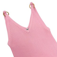 CHANEL Vintage 01C CC Logo Knit Rib Tank Top #42 Gold Rings Pink Cotton