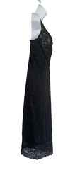 Vtg 70s Vanity Fair Slip Dress Black Nylon Lace Back Slit Lingerie Size 36/ 28″