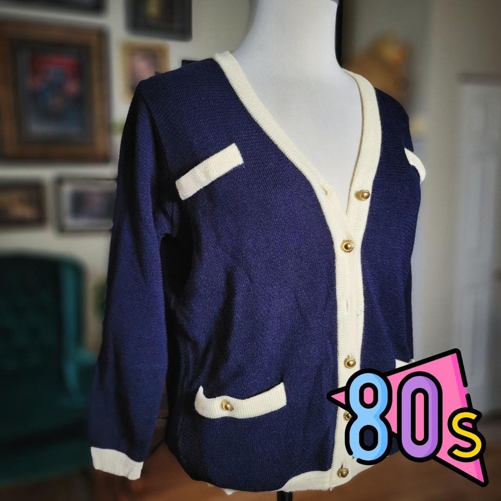Jaeger Cardigan Navy Blue Vintage 80s Wool Gold Button Preppy British Sweater S