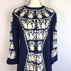 VTG Hand Embroidered Maxi Hostess Gown Dress 3/4 Bell Sleeves Knit 8-10 Bust 39″