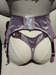 Vtg NOS Bra Bikini Panty Garter Belt Set Secrets in Lace Satin Plum Purple M 34C