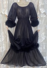 VTG NWOT M GLAM Black JENELLE DB Sheer Chiffon Nylon Nightgown Negligee MARABOU