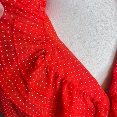 VTG NaMa CA Blouse Sheer M Red Polka Dot Ruffle Pinup Rockabilly Americana Retro