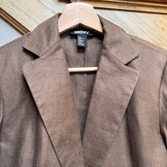 VTG DKNY Women Single Button Blazer 2 Mocha Chocolate Brown Woven Linen Textured