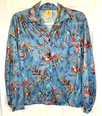 Vtg Shirley Of Atlanta 70s Blouse Sz M Retro Blue Floral Long Sleeve Go Go Top