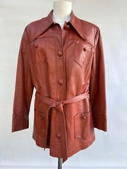 Vintage 70s Leather Jacket Women Burnt Sienna Belted Covered Buttons 4 Pockets L