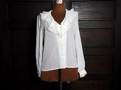 VTG 70s 80s Alexandria White Prairie V Neck Ruffle Balloon Sleeve Blouse Sz M/L