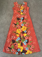 VTG 60/70s Sears Hawaiian Fashions Orange Floral Sleeveless Dress-36″ Chest