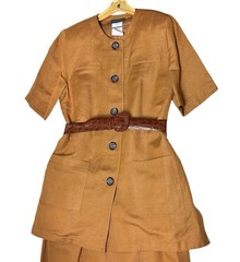 VTG Harve Benard 3pc Slit Skirt Suit Women Size 14 Camel Tan Short Sleeve Jacket