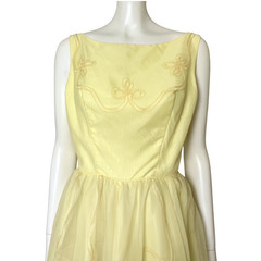 Vintage 50s Pastel Yellow Prom Dress Ball Gown XS Formal Cupcake Flaws 24″ Waist