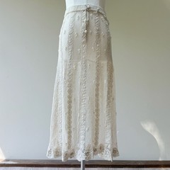 Vintage Hand Crochet Ivory Cotton Lace Maxi Skirt with Rosette Details