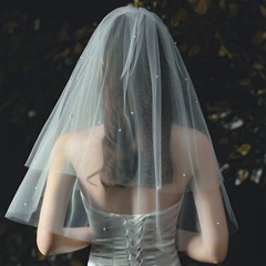 Bride Double Layered Pure White Pearl Veil Headwear Engagement Wedding Lace Veil