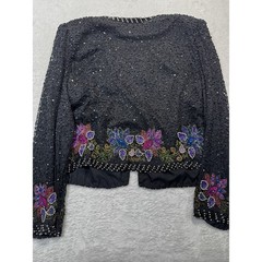 Laurence Kazar Lg Silk Beaded Sequin Jacket Vintage Black Floral Evening Women