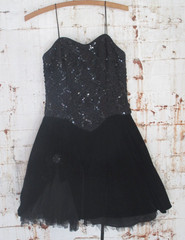 Vintage Black Velvet Tulle Full Skirt Mini Sequin Party Dress Lace Back Sz Med