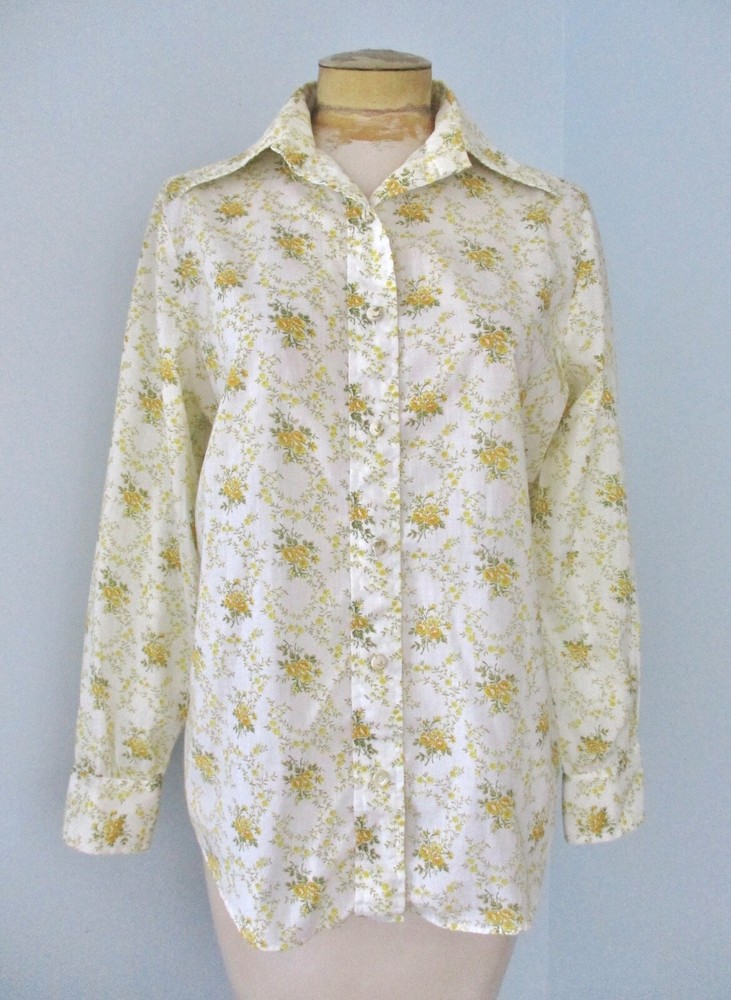 Vtg 60s Yellow Floral Cotton Button Cottage Core Blouse Top Dagger Collar M/L